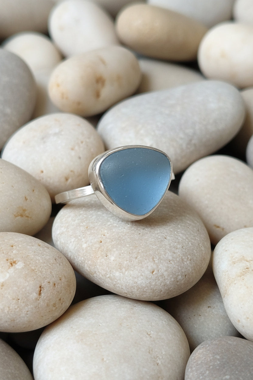 Distinctive blue sea glass ring