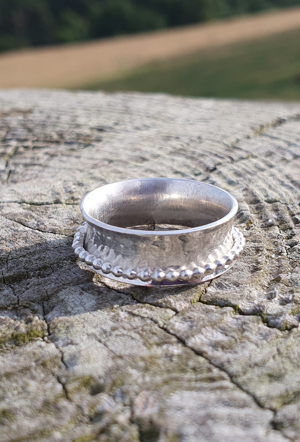 A silver band with outer beaded band ring resting on a weathered tree stump outdoors, with a blurred field and trees in the background.