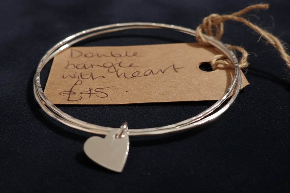 Twin textured bangle with heart charm